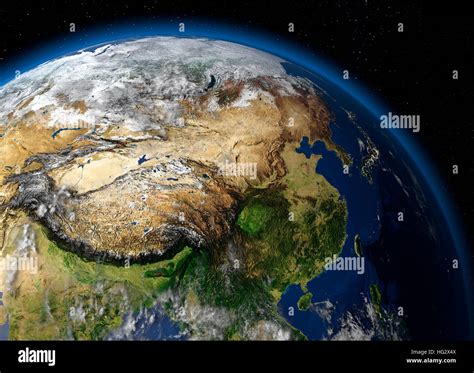 Earth viewed from space showing China. Realistic digital illustration including relief map hill ...
