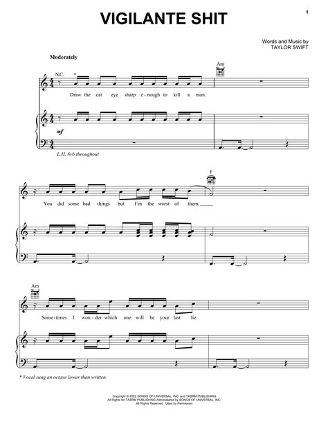 Download Vigilante Shit - Taylor Swift | Piano, Vocal & Guitar Sheet ...