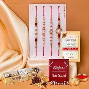 eCraftIndia Set of 4 Red, Golden White Pearls Rakhis for Brothers with ...