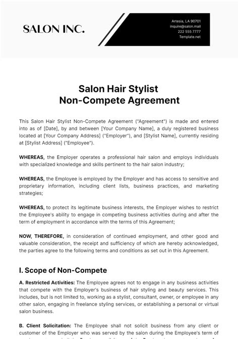 Free Salon Hair Stylist Non-Compete Agreement Template to Edit Online
