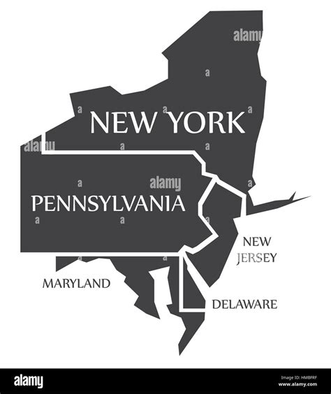 New York - Pennsylvania - New Jersey - Delaware - Maryland Map labelled ...