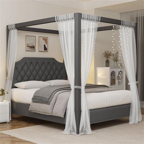 Lark Manor™ Queen Canopy Bed Frame With Upholstered Headboard, Four ...