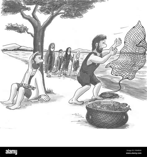 A man who was given a fish is being taught fishing by a man throwing a net into water. One man ...
