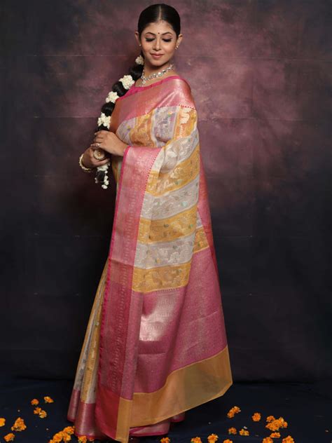 Banarasee Organza Mix Saree With Jaal Design & Floral Border-White & Y