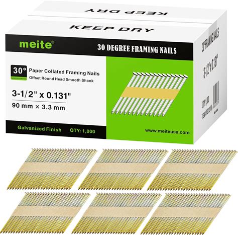 1,000 PCS MEITE 30 Degree Framing Nails 3-1/2 Inch x .131-Inch ...