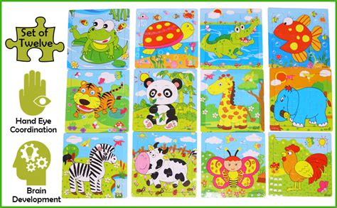 WISHKEY Set of Twelve Wooden Jigsaw Wildlife Animal Puzzle Early Age ...