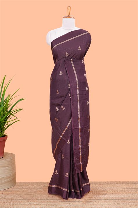 Grape wine south cotton saree with all over zari butta and self border ...