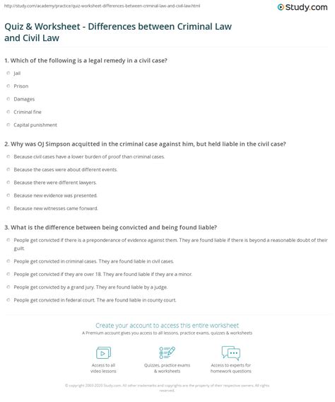 Quiz & Worksheet - Differences between Criminal Law and Civil Law ...