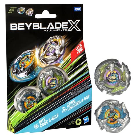 Beyblade X Bite Croc 3-60LF and Sting Unicorn 4-60P Top Dual Pack Battling Top Set, Ages 8 ...