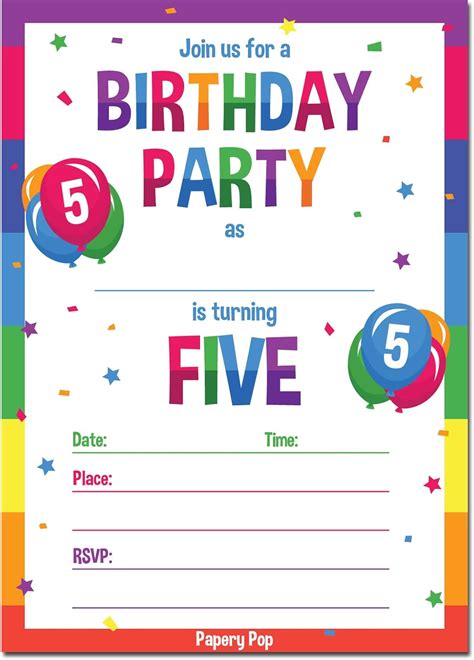 Buy 5th Birthday Party Invitations with Envelopes 15 Count - 5 Year Old ...
