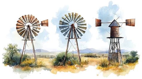 A clipart image featuring three windmills in a rural landscape with a ...