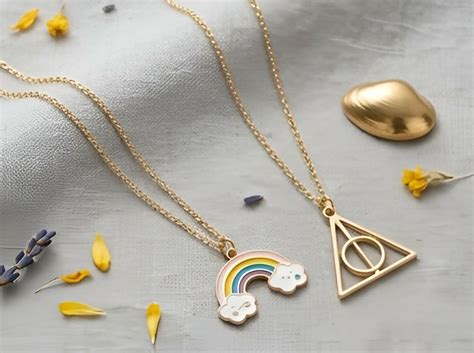 Set of 2 Rainbow & Geometric Pendant Necklaces – Gold-Plated Jewelry f