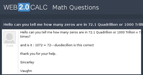 View question - Hello can you tell me how many zeros are in 72.1 ...