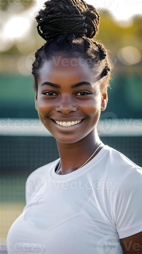 AI generated Smiling black female tennis player on the field ...