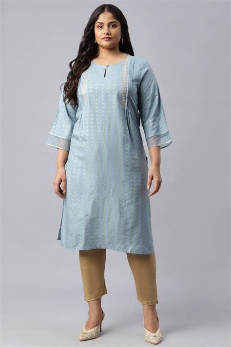 Buy Sky Blue Glitter Printed Plus Size kurta With Metallic Embroidery ...