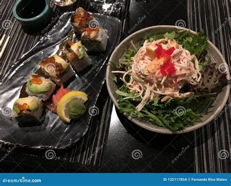 Delicious Sushi with Seafood Salad Stock Photo - Image of delicacy ...
