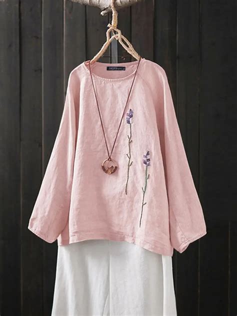 Women floral embroidery crew neck casual cotton shirt Sale - Banggood ...