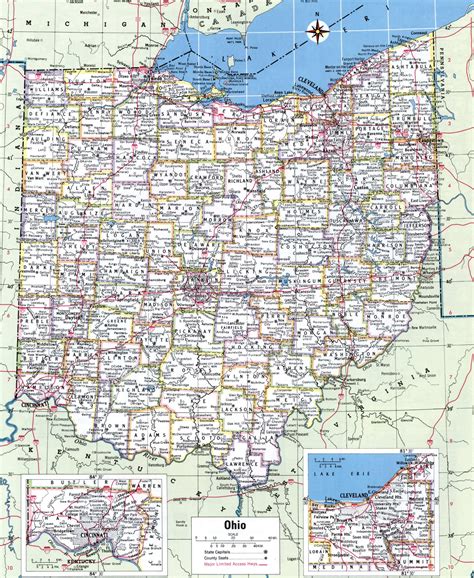 Map of Ohio showing county with cities,road highways,counties,towns