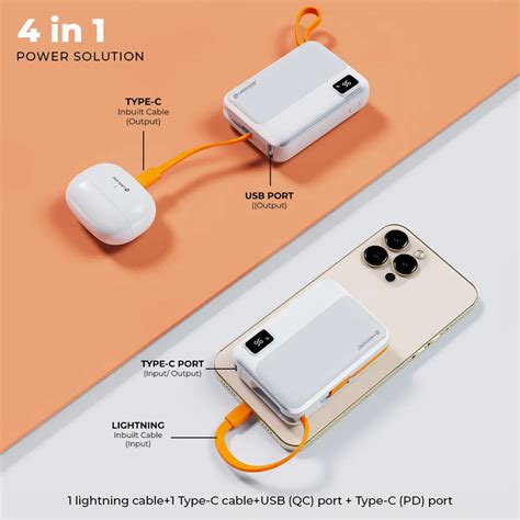 Rapid 10000mAh Pocket Power Bank With 22.5W charging & In-Built Cables