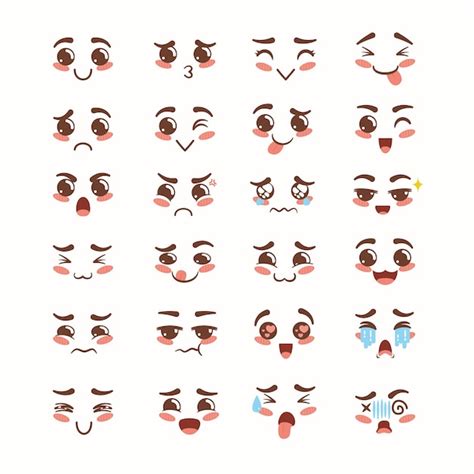 Kawaii emoticons set expressive cartoon faces for various emotions ...