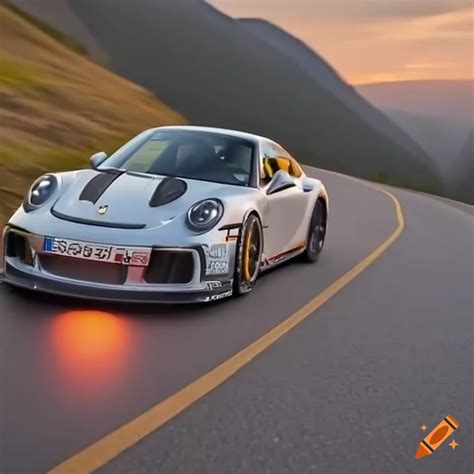 Porsche 911 GT3 RS driving on winding mountain roads at sunset on Craiyon
