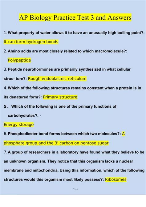 AP Biology Practice Test 3 and Answers | Questions with 100% Correct ...