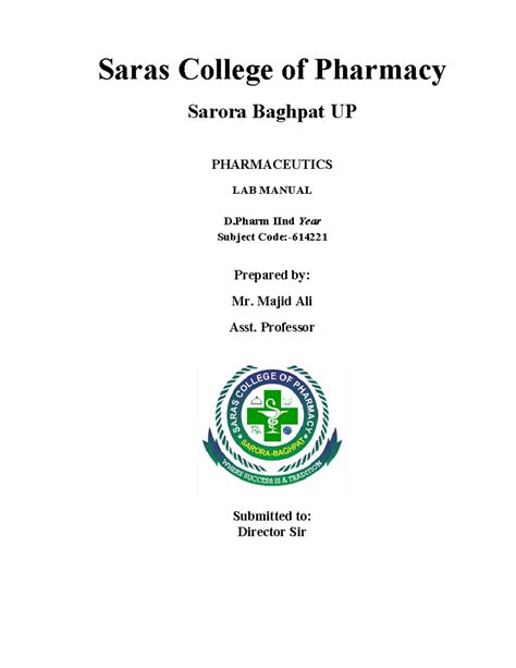 D.pharma lab manual pharmaceutics-II - Saras College of Pharmacy Sarora ...
