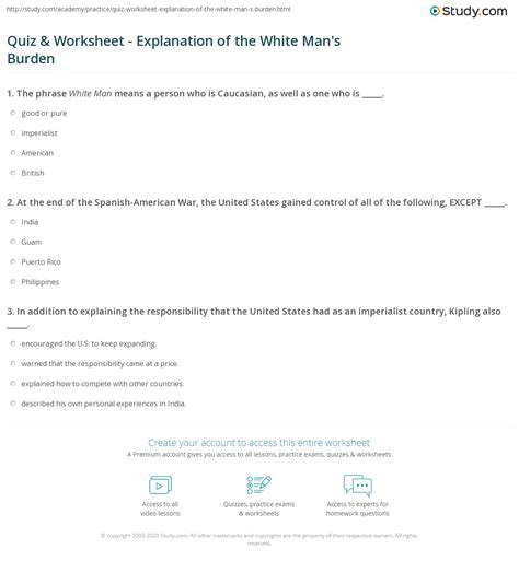 Quiz & Worksheet - Explanation of the White Man's Burden | Study.com