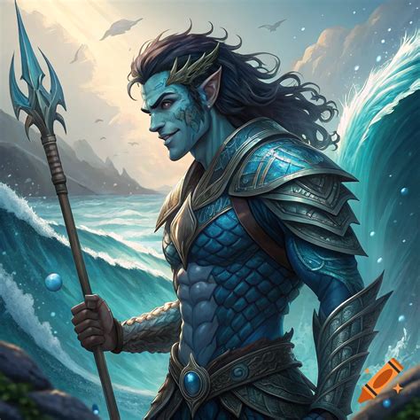 Sea elf warrior with scale armor, spear, and mace on Craiyon