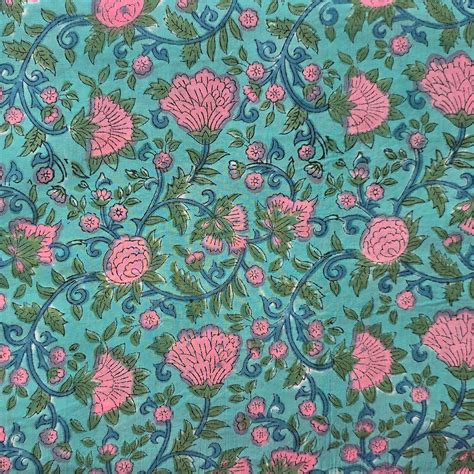 Pure Cotton Jaipuri Aqua Green With Peach Flower Jaal Hand Block Print ...