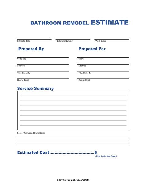 Free Bathroom Remodel Estimate Template