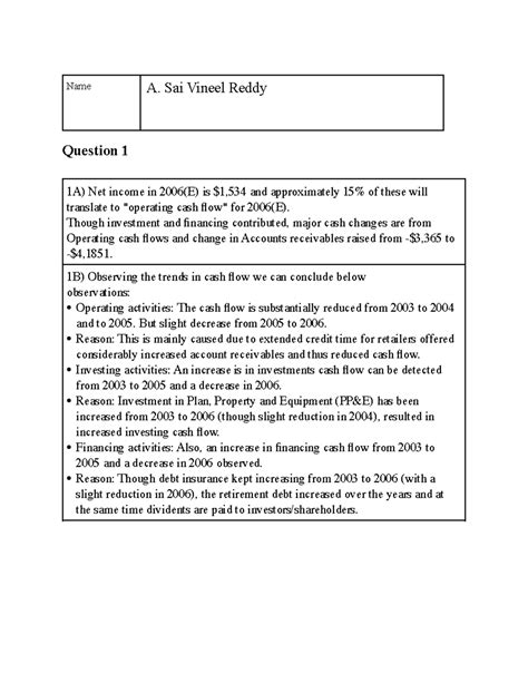 ceres Assignment - Question 1 Name A. Sai Vineel Reddy 1A) Net income ...