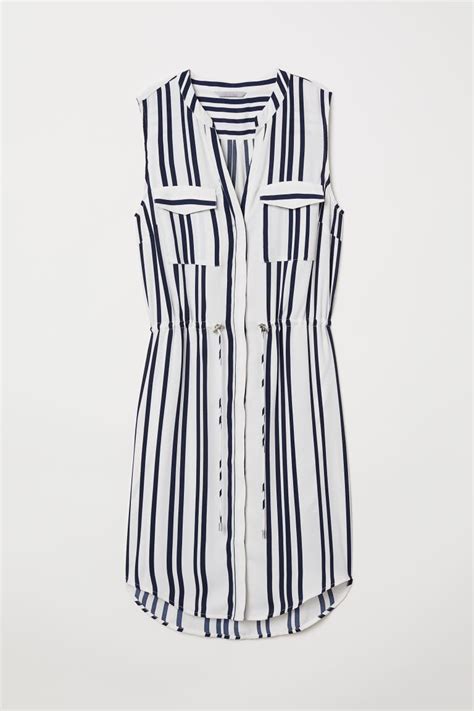 Sleeveless dress - V-neck - Sleeveless - White/Dark blue striped ...