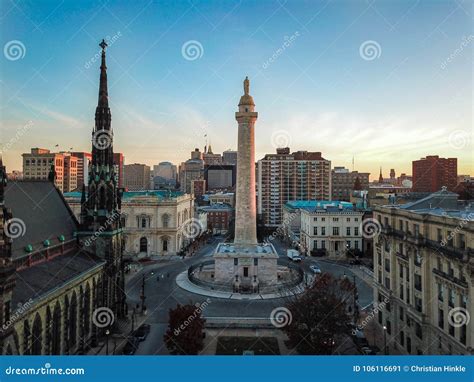 Aerial of Mount Vernon Place in Baltimore, Maryland Looking at T Stock ...