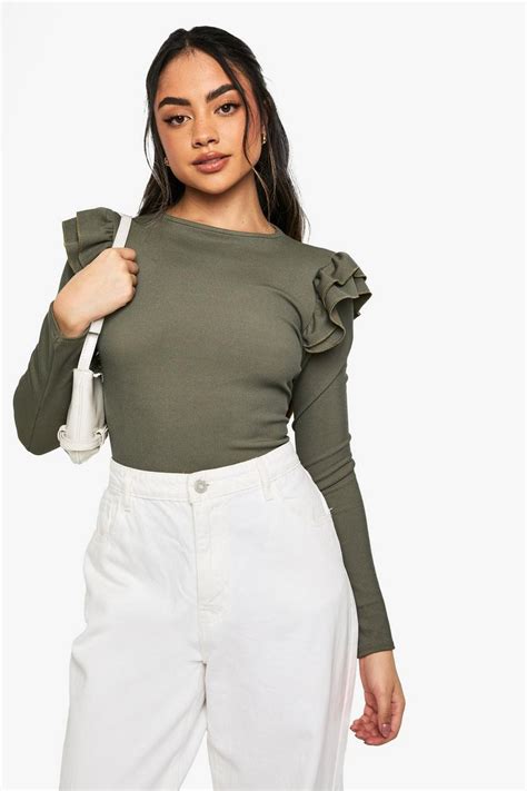 RIBBED FRILL SHOULDER LONG SLEEVE TOP | boohoo UK