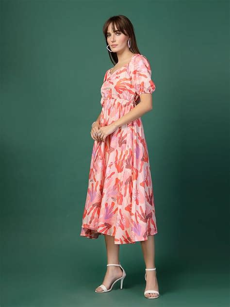 Women's Beautiful Pink Printed Maxi Dress With Puffed Sleeve