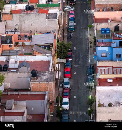 Overview of an urban street and homes in Mexico City, Miguel Hidalgo ...