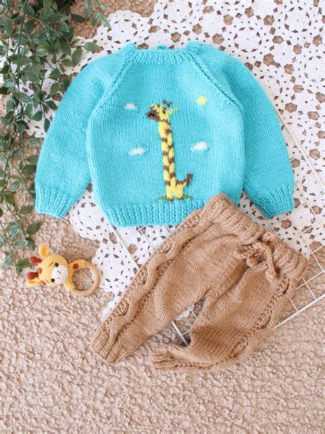 Woonie Handknitted Giraffe Design Sweater Set - Blue