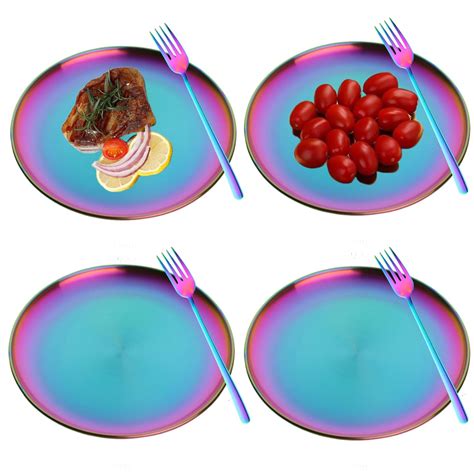 Buy JYJFGSFA Rainbow Stainless Steel Dinner Plates Set with Fork, Set ...