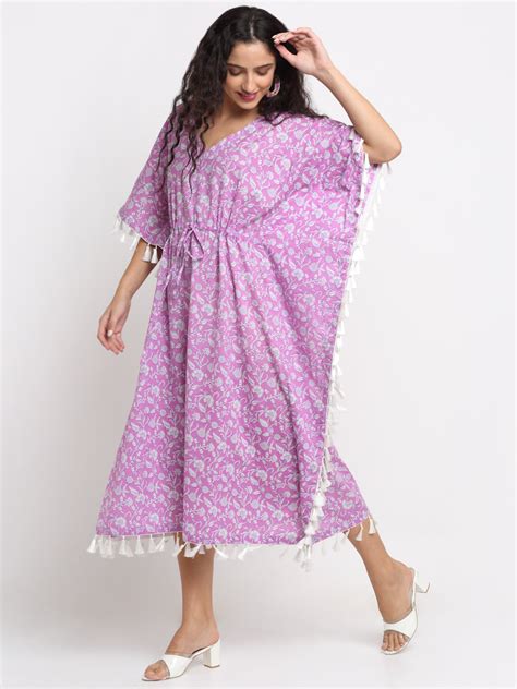 Aster Purple Printed Kaftan with Tassels – anokherang