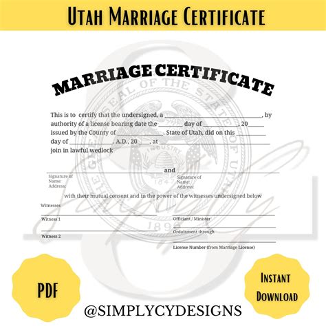 Utah Commemorative Marriage Certificate, Digital Download, Utah Wedding ...