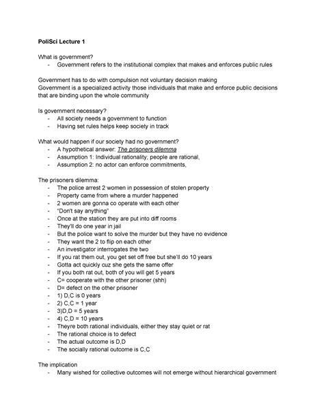 Poli Sci lecture Notes - PoliSci Lecture 1 What is government? Government refers to the - Studocu