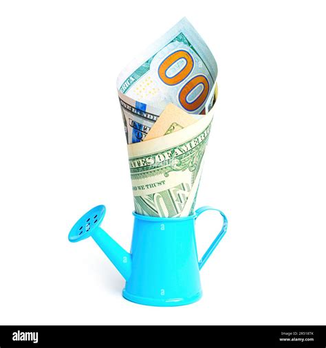 Twisted one hundred dollar bill emerging from a miniature blue watering ...