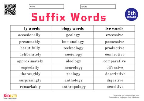 Suffix Words Spelling List Worksheet For Grade 5 - Kidpid