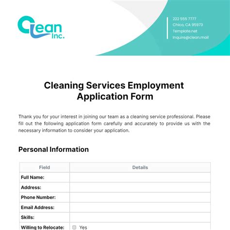 Free Cleaning Services Employment Application Form Template to Edit Online