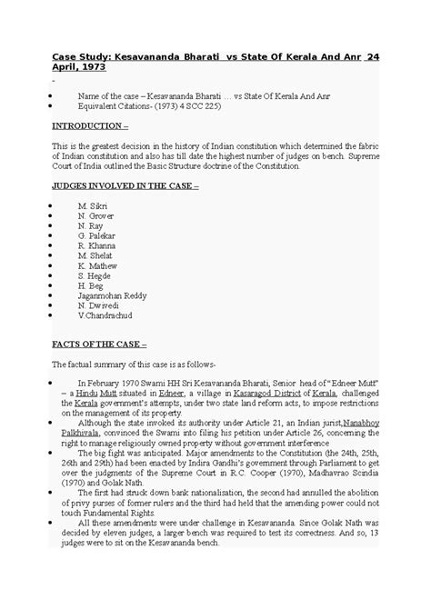 Keshvanand Bharti 's case - Case Study: Kesavananda Bharati vs State Of ...