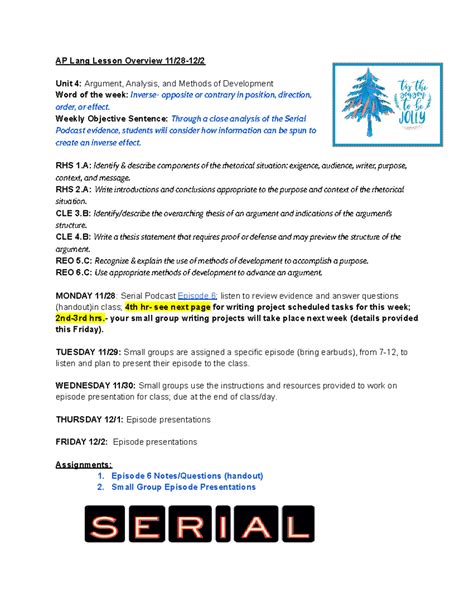 AP Lang Unit 4 Lesson Overview: Argument & Analysis (11/28-12/2) - Studocu