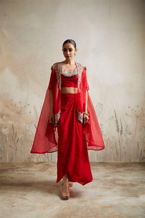 Red Blouse with Skirt and Cape | Buy INDO-WESTERN Online – Mokshaa Chennai