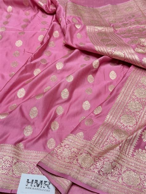 Baby Pink Handwoven Vintage Pure Banarasi Satin Silk Saree – Cutwork W ...