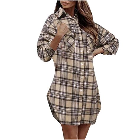 HAPIMO Womens Plaid Dresses Flannel Babydoll Dress Casual Lapel Collar ...